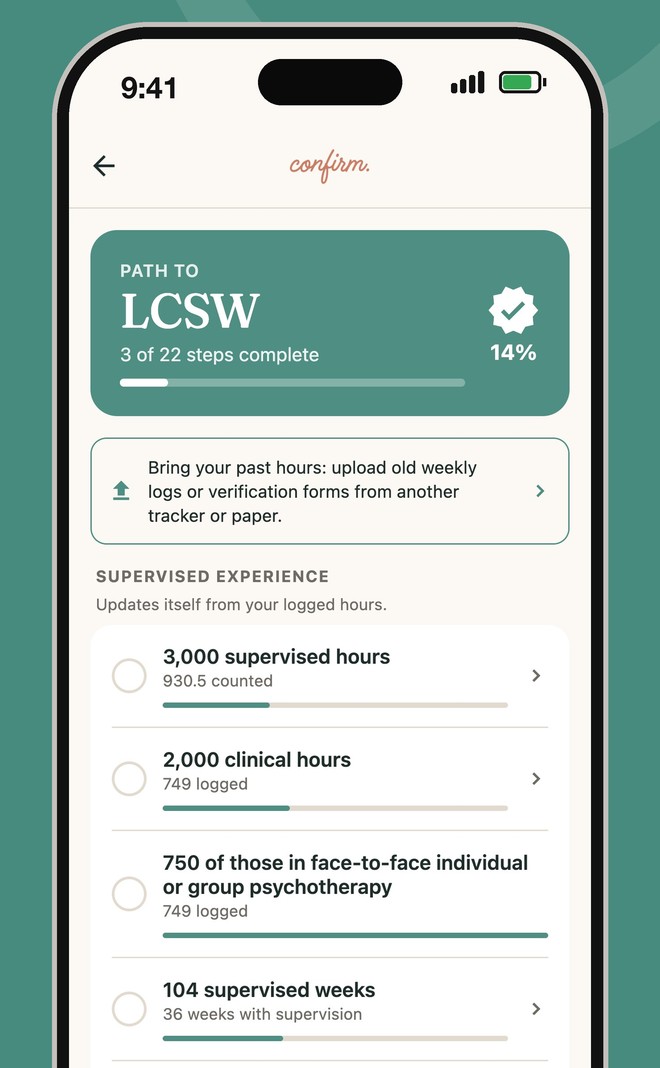 The path to licensure checklist in Confirm