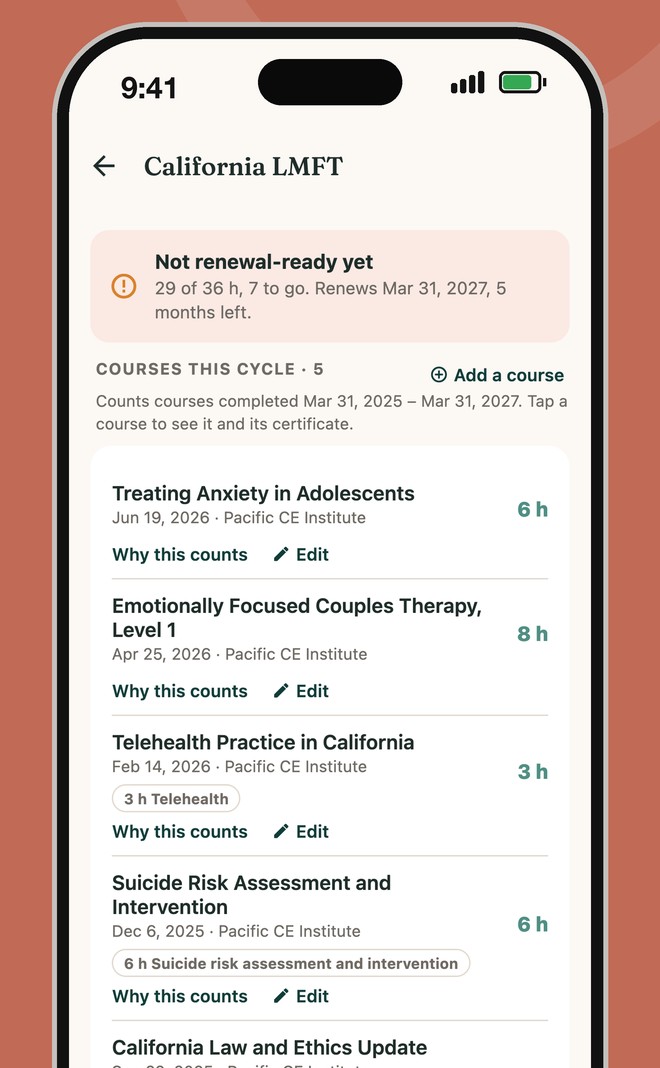 A license in Confirm: each course checked against the board's rules