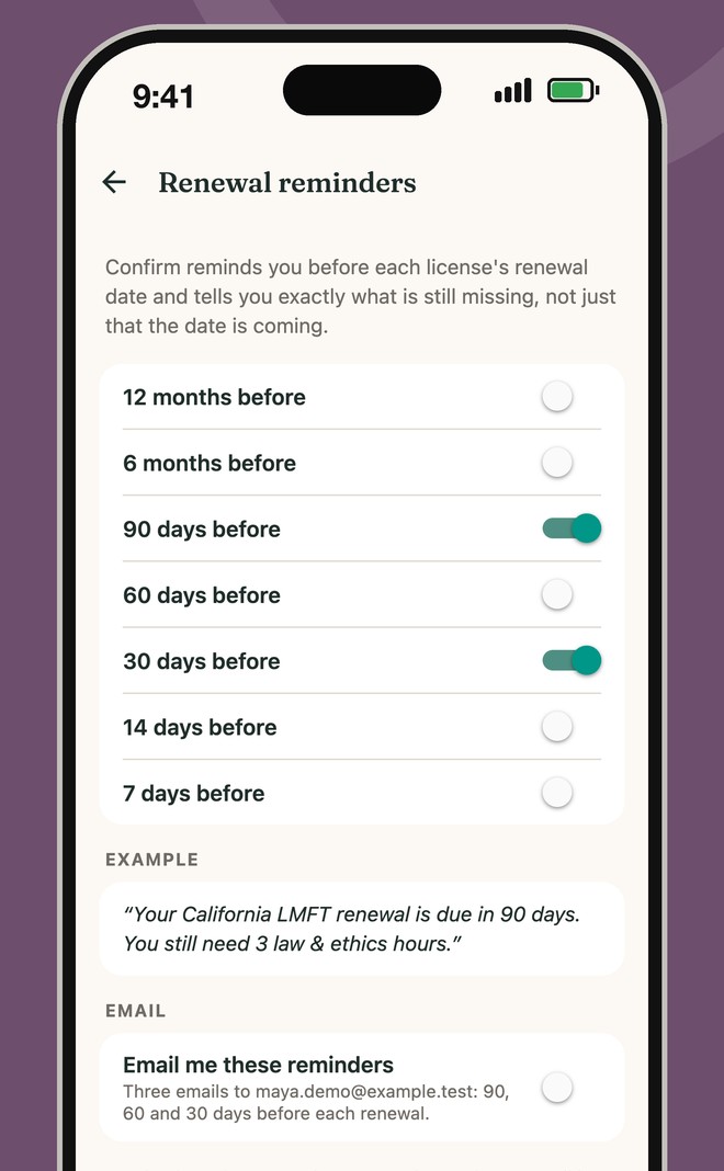 Renewal reminder settings in Confirm